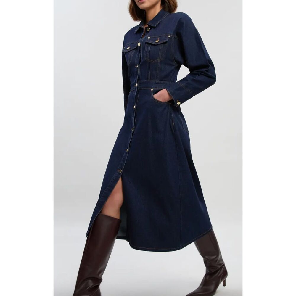 ~ Karen Millen Dress 2 Denim Stretch Midi Button Up Blue Maxi Boho Long Sleeve - Picture 2 of 16